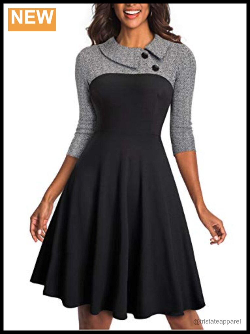 HOMEYEE Women's 3/4 Sleeve Lapel A-Line Work Dress Knee-Length
